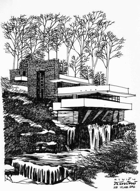 Falling water house sketch Falling Water Sketch, Falling Water Architecture, Fallingwater House, House Design Drawing, Falling Water House, Waterfall House, Peisaj Urban, Falling Water, Famous Architecture