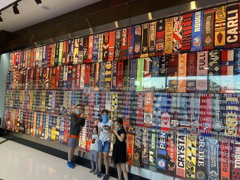 Football Scarf Display, Soccer Scarf Display, Adventures With Kids, Football Displays, Soccer Room, Soccer Decor, Soccer Scarf, Memorabilia Display, Scarf Display