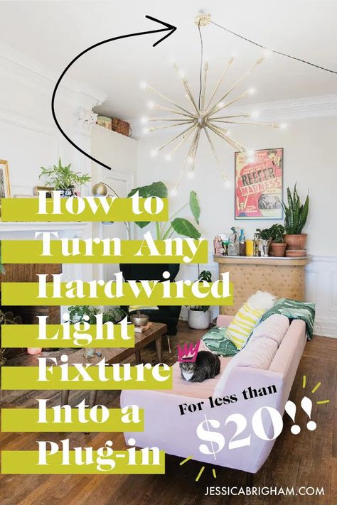 How to Turn Any Hardwired Light Fixture Into a Plug-In | DIY Projects | Convert Chandelier to Outlet | Jessica Brigham | Magazine Ready for Life | www.jessicabrigham.com Jessica Brigham, Farmhouse Style Lighting Fixtures, Farmhouse Lights, Plug In Chandelier, Swag Chandelier, Farmhouse Style Lighting, Farmhouse Light, Proud Of Yourself, Plug In Pendant Light