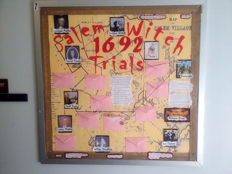 Salem Witch Trials Bulletin Board - Informative & Interactive The Crucible Bulletin Board, Middle School Humanities, History Bulletin Boards, 8th Grade History, High School Bulletin Boards, Poster Boards, Social Studies Projects, Bullentin Boards, Teacher Bulletin Boards