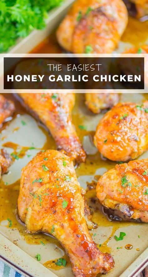 Honey Garlic Chicken Legs are a fast and easy dish that's loaded with flavor. Chicken legs are coated in a sweet and savory glaze and baked until tender and juicy. Perfect for a simple dinner! #chicken #chickenlegs #honeygarlicchicken #chickenrecipes #chickendinner #drumstickrecipes #hoenychicken #garlicchicken #dinner Chicken Legs Recipes, Baked Garlic Chicken, Easy Honey Garlic Chicken, Baked Lemon Chicken, Chicken Leg Recipes, Drumstick Recipes, Baking With Honey, Dinner Chicken, Superfood Recipes