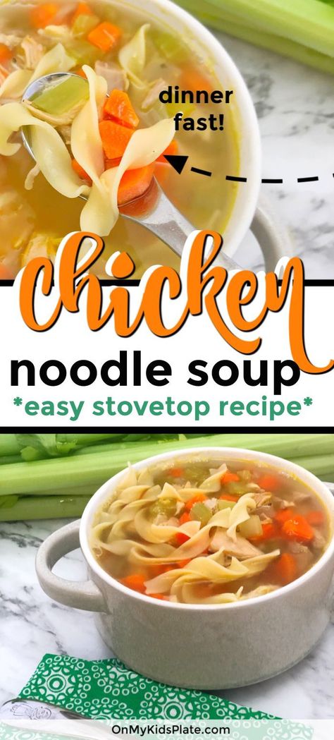 This easy chicken noodle soup recipe puts dinner from the stovetop to the table fast. The best recipe for colds even when you don't feel like cooking, and great for kids. Use this simple homemade recipe with rotisserie chicken and the perfect amount of seasoning to warm you up. #onmykidsplate #souprecipe #chickennoodlesoup #homemadesoup  #fastsoup #dinnerrecipe #familyrecipe #kidsrecipe #stovetop #healthyrecipe #easyrecipe Recipe With Rotisserie Chicken, Chicken Noodle Soup Rotisserie, Easy Chicken Noodle Soup Recipe, Stove Top Soup, Fast Soup Recipes, Easy Chicken Noodle Soup, Best Chicken Noodle Soup, Chicken Soup Recipes Easy, Easy Chicken Soup