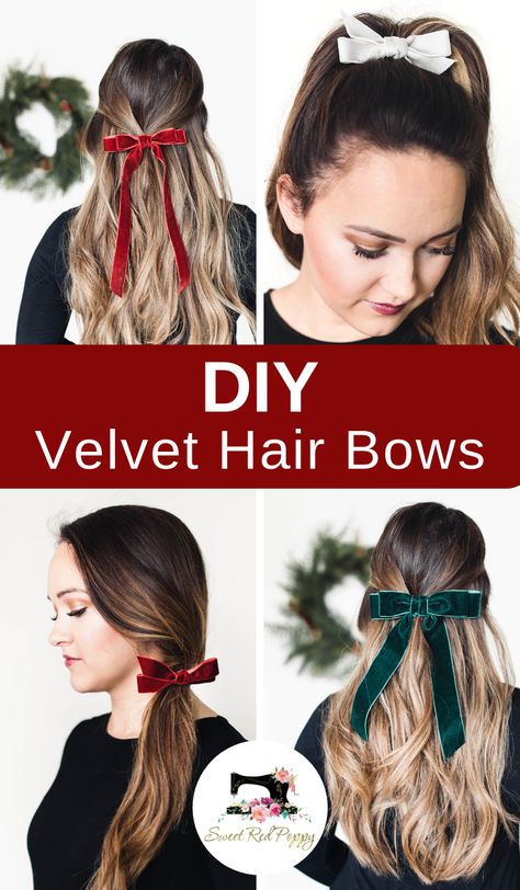 Create your own Velvet Hair Bows with this simple DIY tutorial using supplies from JOANN.  Get the tutorial here: https://sweetredpoppy.com/simple-hand-tied-velvet-bows-joann/  #ad #handmadewithjoann Velvet Hair Bows, Velvet Bows, Bows Diy, Christmas Hair Bows, Beginner Sewing Projects Easy, Fabric Headbands, Velvet Hair, Christmas Hair, Diy Bow