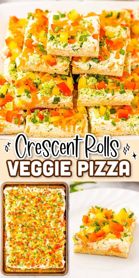 Crescent Roll Veggie Pizza has step-by-step instructions to make a chilled pizza appetizer that has a creamy ranch topping and fresh veggies! Takes only 30 minutes to prep! Veggie Pizza With Cream Cheese And Mayo, Pampered Chef Veggie Pizza Recipe, Halloween Veggie Pizza, Veggie Pizza With Cream Cheese, Veggie Pizza Crescent, Crescent Veggie Pizza, Veggie Pizza Dip, Vegetable Pizza Recipe, Deep Dish Pizza Dough