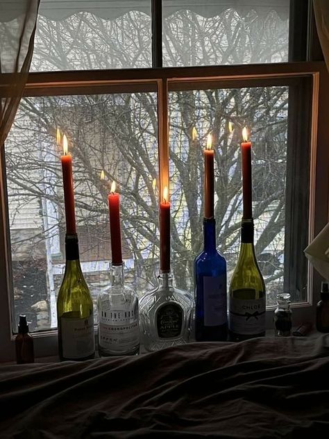 Candlestick Bedroom Decor, Wine Bottles Candles, Wine Bottles With Candles, Candles On Bottles, Long Candles Aesthetic, Candle In Wine Bottle, Candles In Bottles, Candles In Wine Bottles, Candle In Bottle