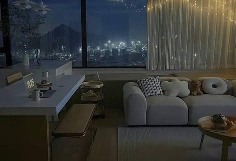 Douyin Apartment, Living Room At Night, City Apartment Aesthetic, Living Room Night, Seoul Apartment, Dream Apartments, Korean Apartment, Dog Bedroom, City View Apartment