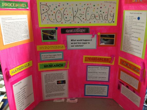 Question: What would happen if we put less sugar in our solution? Hypothesis: If we put less sugar in the jar of  fewer crystals will form because of the lessor amount of sugar the jar contains.... Rock Candy Science Fair Project Board, Rock Candy Science Fair Project, Sugar Crystal Science Project, Rock Candy Experiment, Science Project Board, Kids Science Fair Projects, Science Fair Board, Science Fair Experiments, Science Fair Projects Boards