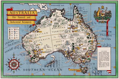 A scarce MacDonald Gill pictorial map highlighting Australia’s economic contribution during the Second World War. This decorative map features an outline map of Australia all-but smothered in symbols highlighting its areas of agricultural, mineral and metal production. #MacDonaldGill #Persuasivemap #pictorialmap #propagandamap Map Australia, Map Of Australia, Posters Australia, Pictorial Maps, Australia Map, Map Decor, Propaganda Posters, Old Map, Historical Maps