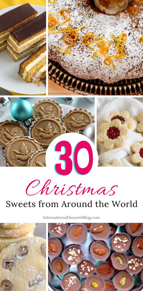 30 easy, creative, and impressive Christmas dessert recipes from around the world! Cute cakes, classic cookies, gluten freesweets and treats for kids and adults. They make great homemade gifts and are perfect for holiday parties and cookie exchanges.  #christmascookies #xmas #holidaybaking #holidayrecipes #cookies #easyrecipes #easydesserts #desserts #intldessertsblog Christmas Cookies From Around The World, African Cookies Recipes, International Christmas Cookies, Classic Christmas Dessert Recipes, Maple Blondies, Impressive Christmas Dessert, Amazing Christmas Desserts, Culture Studies, Homeschool Themes