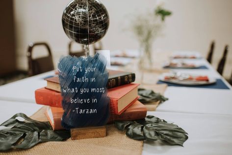 Tarzan Wedding Theme, Tarzan And Jane Wedding Theme, Disney Themed Wedding Tables, Tarzan Wedding, Subtle Disney Wedding Centerpieces, Subtle Disney Decor Wedding Ideas, Tarzan Dinner And A Movie, Disney Centerpieces, Center Peices