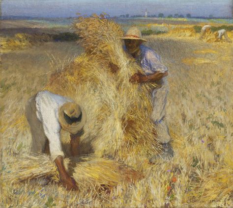 George Clausen (British, 1852-1944), Harvesters: Setting up Sheaves, 1899. Oil on canvas, George Clausen, Farmer Painting, Petroglyphs Art, Farm Art, European Art, British Art, Small Canvas, Art Inspiration Painting, British Artist