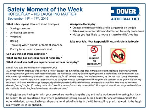 Horseplay - No Laughing Matter! Alberta Oil Tool's #Safety Moment of the Week 12-Sep-2016 Safety Moment, Fire Safety Poster, Safety Topics, Safety Procedures, Safety Courses, Safety Message, Industrial Safety, Safety Posters, Safety First