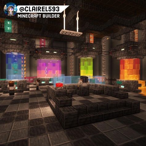 Minecraft Man Cave, Minecraft Vault Ideas, Minecraft Cyberpunk Ideas, Minecraft Lab Ideas, Minecraft Batcave, Minecraft Factory Interior, Minecraft Dungeon Build, Minecraft Nightclub, Cyberpunk Minecraft Builds