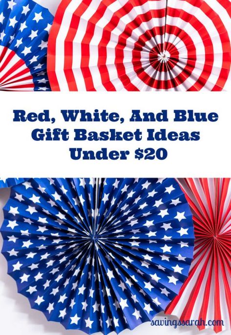 If your looking to put together colorful, meaningful, and reasonably priced gift baskets, here are some great ideas. Patriotic Gift Basket Ideas, 4th Of July Gift Basket Ideas, Blue Gift Basket, Gift Baskets Ideas, Patriotic Bunting, Welcome Basket, America Theme, Baskets Ideas, Raffle Basket