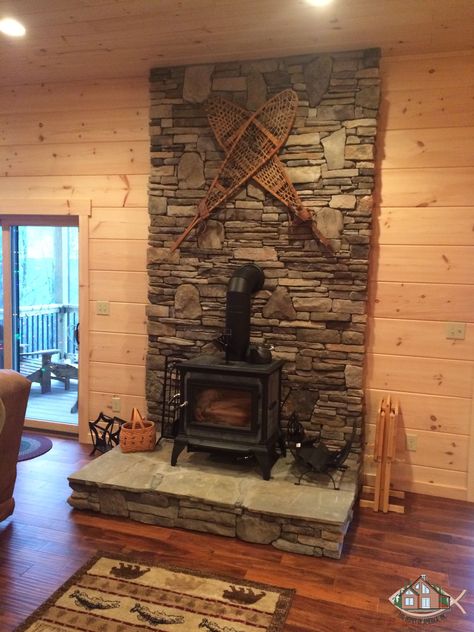 Fireplace With Insert Wood Burning, Freestanding Wood Stove Living Rooms, Cabin With Wood Burning Stove, Wood Burning Fire Places Ideas, Wood Burning Stove Stone Surround, Wood Burning Stove Basement, Wood Stoves Ideas Living Rooms Cabin, Wood Burning Stoves Living Room Wall, Wood Stove Stone Wall