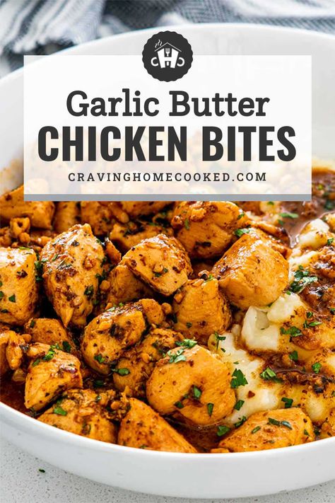 Cubed Chicken Breast Recipes, Cubed Chicken Recipes, Garlic Butter Chicken Bites, Butter Chicken Bites, Chicken Bites Recipes, Chicken Chunks, Dish Ideas, Chicken Pieces, Garlic Butter Chicken