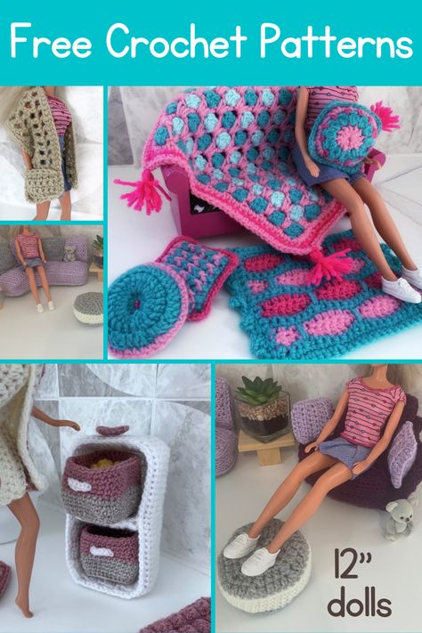 Free crochet toy patterns. Playsets and clothes for 12" dolls. Crochet Doll House Items, Crochet Doll Furniture Pattern Free, Crochet Dollhouse Accessories, Crochet Rug Patterns Free, Doll Furniture Patterns, Crochet Barbie Patterns, Crochet Doll Clothes Patterns, Crochet Toys Free Patterns, Crochet Toys Free