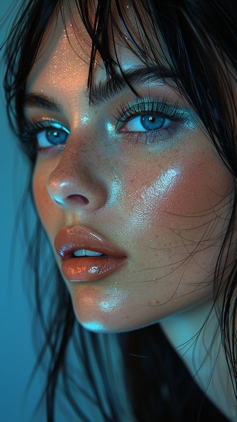 Blue Moon Makeup, Ocean Eyes Makeup, Wet Eye Look, Skin Color Aesthetic, Electric Look, Wet Look Makeup, Wet Makeup Look, Ocean Makeup, Cosmic Makeup