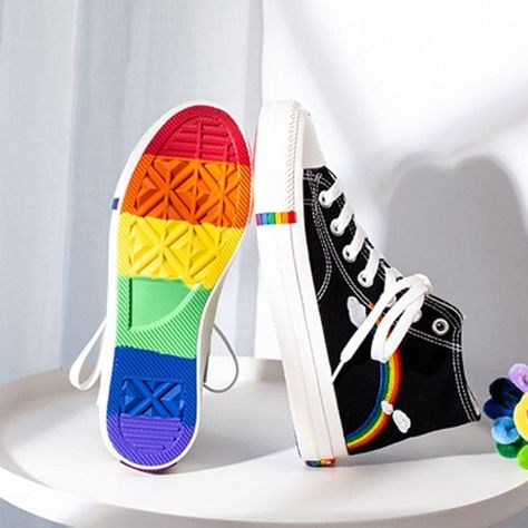 Ladies Hi Top Lace Up Rainbow Canvas Shoes With Rainbow Sole https://pleasuresandsins.com/products/ladies-hi-top-rainbow-canvas-shoes-with-rainbow-sole Pleasures and Sins #Hot Sneakers 2022, Pride Party, Pride Event, Pride Shoes, Rainbow Canvas, Shoe Ideas, Bright Rainbow, Pride Rainbow, Party Outfits