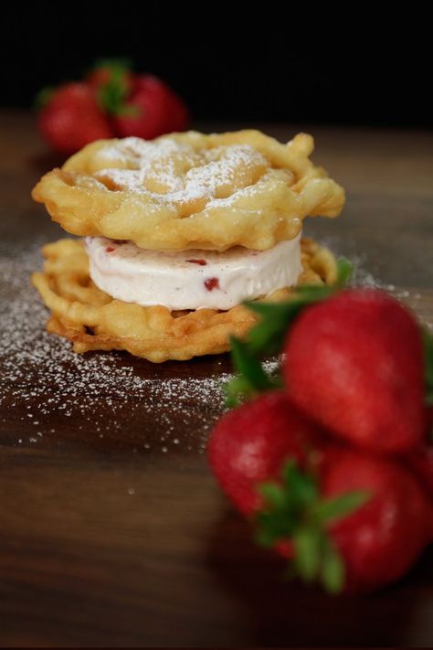 Bring the Carnival Home With a Funnel Cake Ice Cream Sandwich Funnel Cake Ice Cream, Ice Cream Sandwich Recipe, Funnel Cake Recipe, Ice Cream Sandwiches Recipe, Healthy Sandwich Recipes, Funnel Cakes, Cake Ice Cream, Summer Eats, Ice Cream Mixture