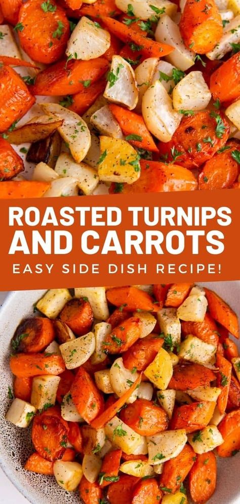 Roasted turnips and carrots is a simple sheet pan recipe. Serve this easy vegetable side dish with any meal. Prep in only 10 minutes! Turnips And Carrots Recipes, Carrot And Turnip Recipes, Turnip Salad Recipes, Roasted Carrots And Turnips, Roasted Rutabaga And Carrots, Turnip Carrot Casserole, Carrot And Turnip Casserole, Thanksgiving Turnips, Roasted Turnips And Carrots