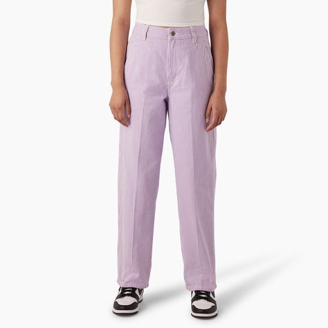 Pink Dickies Pants, Dickies Straight Leg Pants, Hickory Stripe Pants, Dickies Hickory Stripe Pants, Dickies Relaxed Fit Carpenter Pants, Non-stretch Striped Pants With Pockets, Dickies Women, Stripe Pants, Utility Style