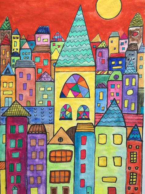 Paul Klee Cityscape, Cityscape Drawing, Paul Klee Art, Whimsical Art Paintings, School Wall Art, Beginner Art, Whimsical Paintings, Kids Art Class, Diy Artwork