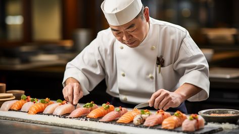 Sushi Preparation Art: A meticulous sushi chef expertly prepares sushi with precision and care in a professional kitchen. #sushi #chef #japanesefood #foodart #culinary #gourmet #gastronomy #foodphoto #aiphoto #stockcake ⬇️ Download and 📝 Prompt 👉 https://stockcake.com/i/sushi-preparation-art_112754_9763 Sushi Preparation, Traditional Japanese Kitchen, Salmon Sushi Rolls, Chefs Plate, Salmon Sushi, Sushi Chef, Sushi Restaurants, Japanese Dishes, Professional Kitchen