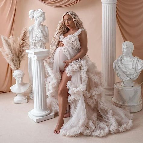 Maternity Dresses for Photoshoot Puffy Ruffles Pregnancy Tulle Robe Long Bridal Lingerie Bathgown Wedding Scarf Glam Maternity Shoot, Elle Darby, Pregnant Dresses, Photoshoot Gown, Baby Shower Photoshoot, Shower Photoshoot, Tulle Maternity Dress, Wedding Scarf, White Ruffle Dress