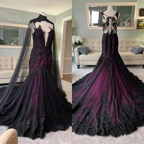 Vintage Black and Purple gothic Wedding Dresses with Cape Illusion Back Fishtail lace applique Mermaid Bridal Gown Gothic Wedding Dresses, Fantasy Wedding Dress, Gothic Wedding Theme, Purple Gothic, Purple Wedding Dress, Cape Wedding Dress, Timeless Wedding Dress, Gothic Wedding Dress, Bridal Gowns Mermaid