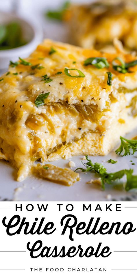 Easy Cheesy Chile Relleno Casserole from The Food Charlatan. It doesn't get any easier or tastier than this Cheesy Chile Relleno Casserole recipe! Whole canned green chiles are layered with 3 kinds of cheese, then topped with an egg mixture. It's your new favorite breakfast casserole! Or is it dinner? YES! You're just a few simple ingredients away from serving a crowd. You can make it ahead for easy weekday breakfasts or serve it up fresh for a baby shower or brunch. Everyone will love it! Relleno Casserole Recipe, Green Chile Casserole, Chile Relleno Casserole Recipe, Easy Chile, Chile Relleno Recipe, Chili Relleno Casserole, Relleno Casserole, Pinto Bean Soup, Chile Relleno Casserole