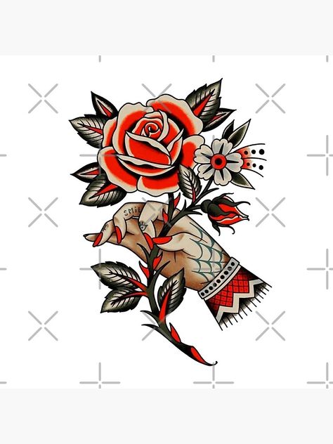 American Traditional Rose, Neo Traditional Roses, Old School Rose, Rose In Hand, Traditional Tattoo Old School, Traditional Tattoo Inspiration, Traditional Tattoo Flowers, Optical Illusion Tattoo, Old School Tattoo Designs