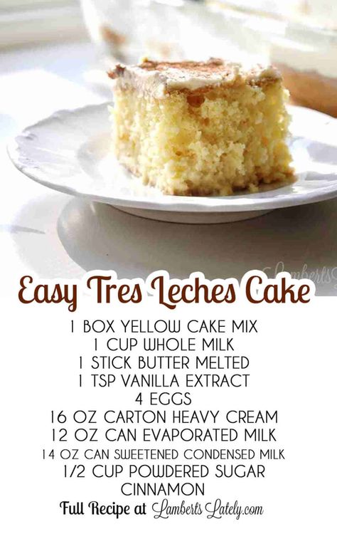 This easy Tres Leches Cake with Cake Mix recipe uses boxed cake mix and a sweet three milk mixture, topped with rich whipped cream & cinnamon for the best shortcut dessert you'll find! Boxed Cake Tres Leches, Leche Cake Recipe Easy, Box Mix Tres Leches Cake, Box Tres Leches Cake, Tres Leches Cake Box Recipe, Tres Leches Milk Mixture, Authentic Tres Leches Cake Recipe, Tres Leches Box Cake Recipe, Box Cake Tres Leches