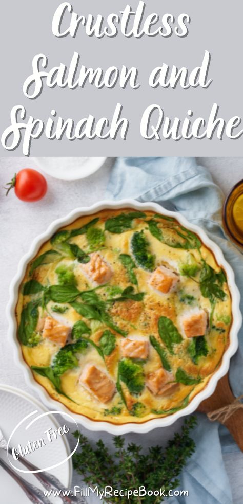 an easy gluten free crustless salmon and spinach quiche recipe idea to bake for breakfast or lunch. dinner, Gf Quiche, Dairy Free Quiche Recipes, Smoked Salmon Quiche, Quiche Recipes Crustless, Salmon Quiche, Gluten Free Salmon, Spinach Quiche Recipes, Fish Meals, Salmon Spinach