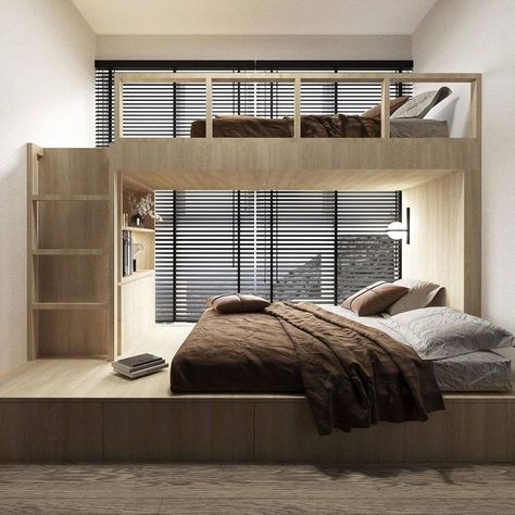 Bunk Bed With Window, Bunker Bedroom, Guess Bedroom, Modern Bunk Bed, Double Deck Bed, Bunker Bed, Studio Room Design, Modern Bunk, Japandi Bedroom