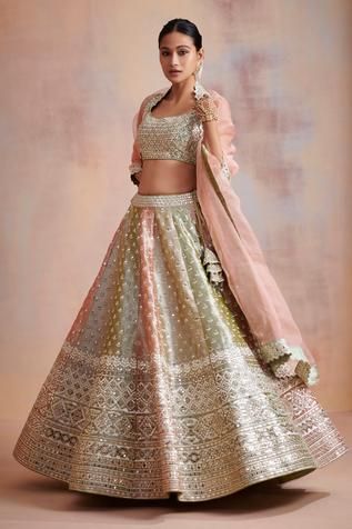 Shop for Suhino Green Tissue Mirror Work Lehenga Set for Women Online at Aza Fashions Zari Lehenga, Cutwork Saree, Mirror Work Lehenga, Lehenga Pattern, Raw Silk Lehenga, Embroidered Wedding, Wedding Lehenga, Runway Trends, Silk Lehenga