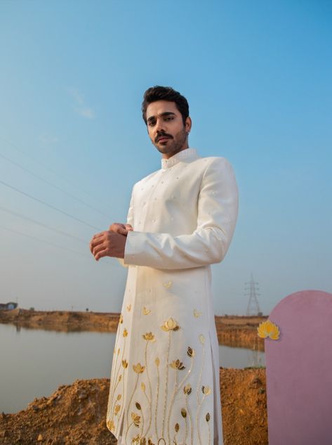 By Runit Gupta Male Indian Wedding Outfit Grooms, Carnival Outfits For Men, Mens Carnival Outfit, Indo Western Outfits For Men, Traditional Indian Mens Clothing, Embroidery Shirt Men, Indian Wedding Suits Men, Ivory Outfit, Wedding Kurta For Men