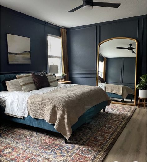 Interior Painting Ideas, Navy Accent Walls, Dark Blue Bedrooms, Accent Wall Bedroom, Primary Bedroom, Blue Bedroom, Curtains Bedroom, Boys Room, Interior Paint