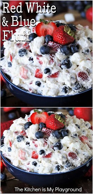 White Chocolate Pudding, 4th July Food, Fluff Salad Recipes, Fluff Salad, Strawberries And Blueberries, Fluff Recipe, Patriotic Food, Patriotic Desserts, Fluff Desserts