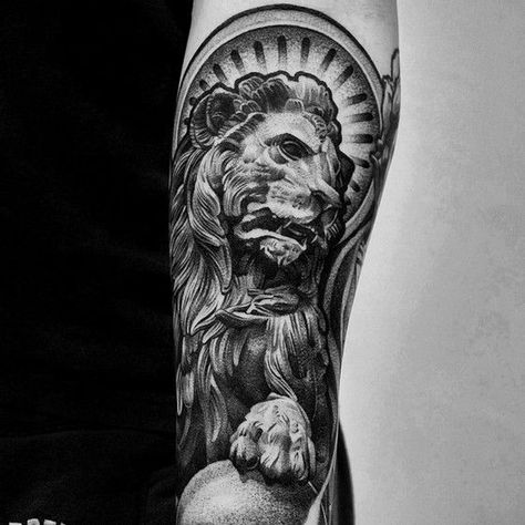 Lion Statue Tattoo, Four Horsemen Of The Apocalypse Tattoo, Statue Tattoos, Lil B Tattoo, Tattoos Greek, Apocalypse Tattoo, Lion Statue, Ancient Tattoo, Statue Tattoo