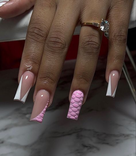 Nails Acrylic White Medium, Freestyle Nails Acrylic Medium, Money Design Nails, Pink Croc Nails Acrylic, Medium Freestyle Nails Acrylic, Medium Square Acrylic Nails Pink, Medium Nails Design, Medium Pink Acrylic Nails, Pink Freestyle Acrylic Nails