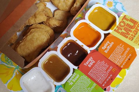 Chicken Mcnuggets, Tangy Bbq Sauce, Peach Puree, Dipping Sauces, Barbeque Sauce, Special Sauce, Orange Sauce, Honey Mustard Sauce, Hot Spicy