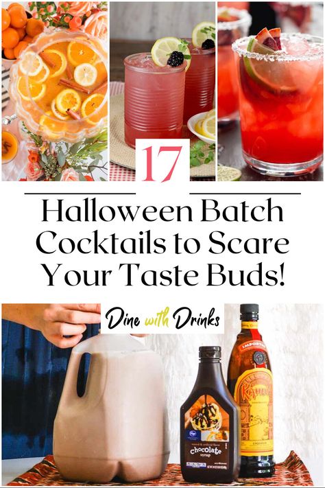 Collage of 4 halloween batch cocktails. Cocktails For Halloween Party, Fun Batch Cocktails, Halloween Party Drinks Big Batch, Warm Halloween Drinks Alcohol, Halloween Drink For A Crowd, Halloween Punch Recipes Alcoholic Big Batch, Halloween Drinks Big Batch, Halloween Party Batch Cocktails, Large Batch Cocktails Halloween