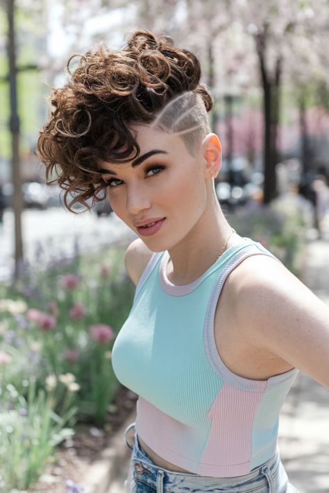 Discover how to rock curly hairstyles with an edgy twist featuring shaved sides. This stunning medium-length style accentuates natural curls, giving you a cute yet fierce vibe. Perfect for summer days or a night out, it pairs beautifully with a messy ponytail or worn down for that effortless appeal. Stand out and embrace your unique beauty! #curlyhairstyles #shavedsides Hairstyles With Shaved Sides, Summer Baddie, Shaved Side, Shaved Side Hairstyles, Messy Look, Messy Ponytail, Colourful Hair, Side Hairstyles, Shaved Sides