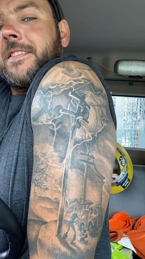 Lineman Tattoos For Men, Lineman Tattoos, Men Tattoos, Half Sleeve Tattoos For Guys, The Emperor's New Groove, Emperors New Groove, New Groove, Piercing Ideas, Arm Sleeves