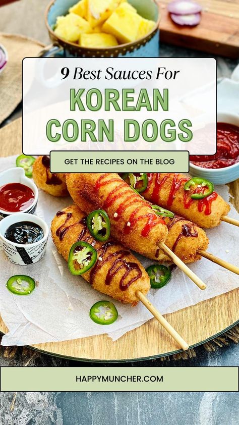 9 Tasty Sauces for Korean Corn Dogs Korean Corn Dog Dipping Sauce, Corn Dog Toppings, Corn Dog Dipping Sauce, Korean Hot Dog Recipe, Korean Corn Dog Recipe, Korean Corn Dog, Korean Potatoes, Korean Corn, Corndog Recipe