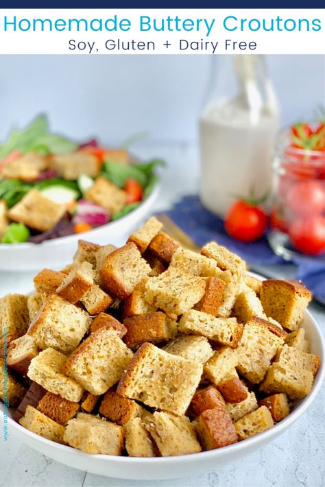 Buttery Croutons - Eating Gluten and Dairy Free Dairy Free Salad, Salad Croutons, Crouton Recipe, Gluten Free Croutons, Dairy Free Butter, How To Make Croutons, Dairy Free Alfredo Sauce, Wedge Salad Recipes, Dairy Free Bread