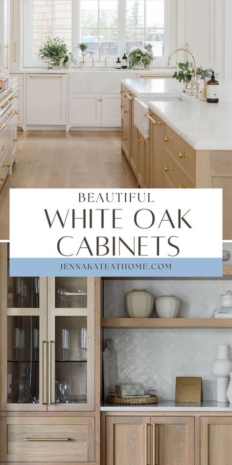 You'll love these 12 beautiful examples of white oak kitchen cabinets. From kitchen islands to perimeter cabinets or an entire kitchen of white oak, there's so many ideas to inspire your own kitchen design. Quarter Sawn White Oak Kitchen Cabinets Shaker, Natural White Oak Cabinets, White Kitchen Cabinets With Oak Island, Kitchen With White Oak Cabinets, White Oak Island Kitchen, Off White Cabinets Kitchen, Beige And Wood Kitchen, Stained Maple Kitchen Cabinets, White Oak Cabinet Stain Colors