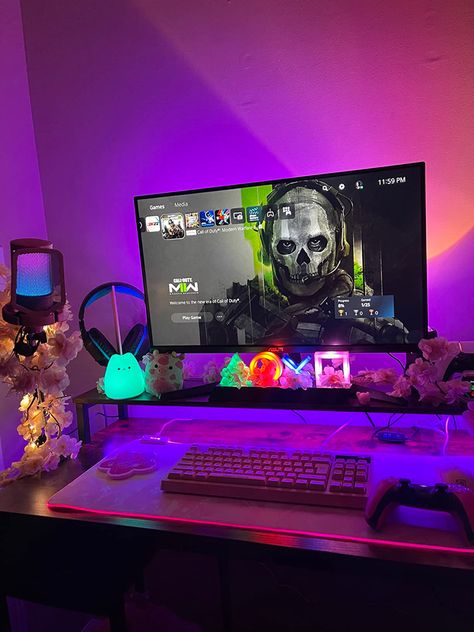 Pink Xbox Setup, Mini Gaming Setup, Xbox Gaming Setup, Console Gaming Setup, Ps5 Setup, Pink Gaming Setup, Small Room Setup, Small Room Makeover, Game Setup