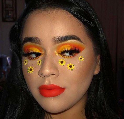 Sunflower Makeup Looks, Flower Makeup Looks, Sunflower Makeup, Hippie Makeup, Fantasy Make-up, Make Up Designs, Yellow Makeup, Theatre Makeup, Flower Makeup